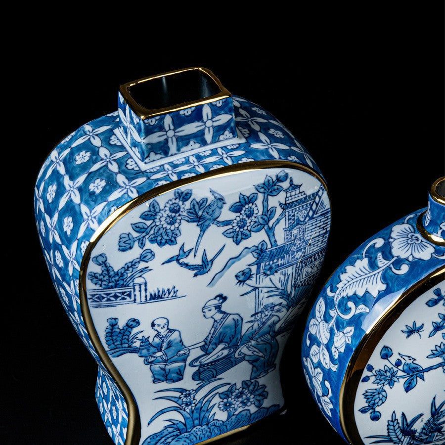 Oriental Paris Blue and White Porcelain Grisaille New Chinese Style Ink Painting Gold-Embossed Color Porcelain Vase Ornament