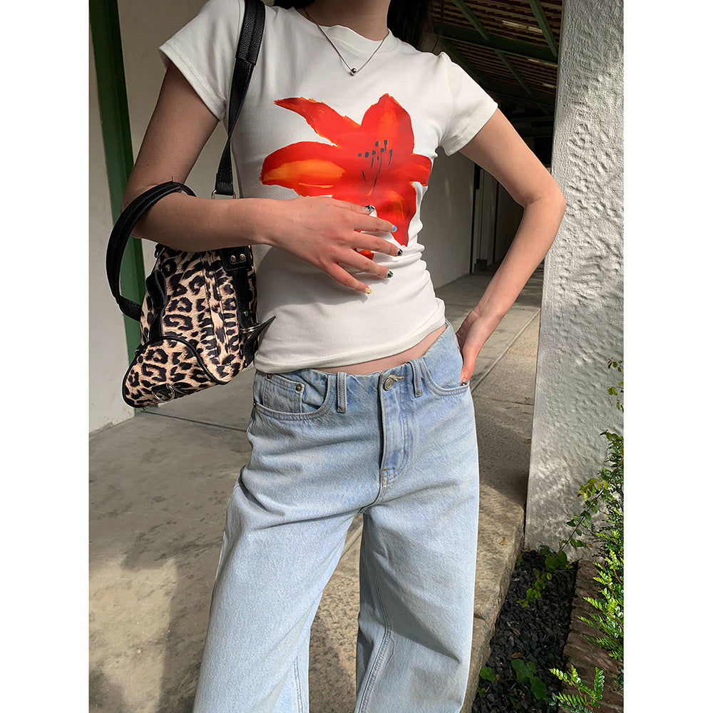 Slim Fit Floral Print Women's T-shirt Spring and Summer Versatile Short Tops