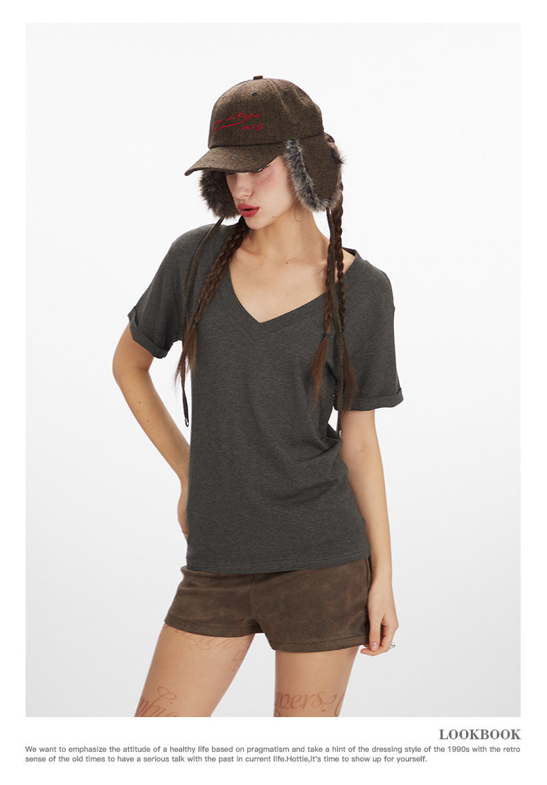 Simple Hot Girl Slimming Solid Color Top Slim Fit V Versatile Basic Short Sleeve Shirt T Women's T-shirt