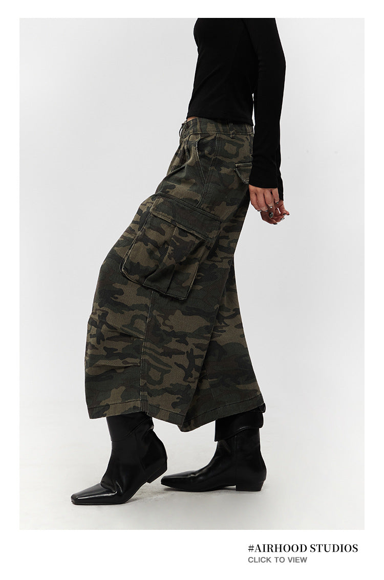 Retro Loose Camouflage Capri Pants American Style Casual Jeans for Men and Women High Street