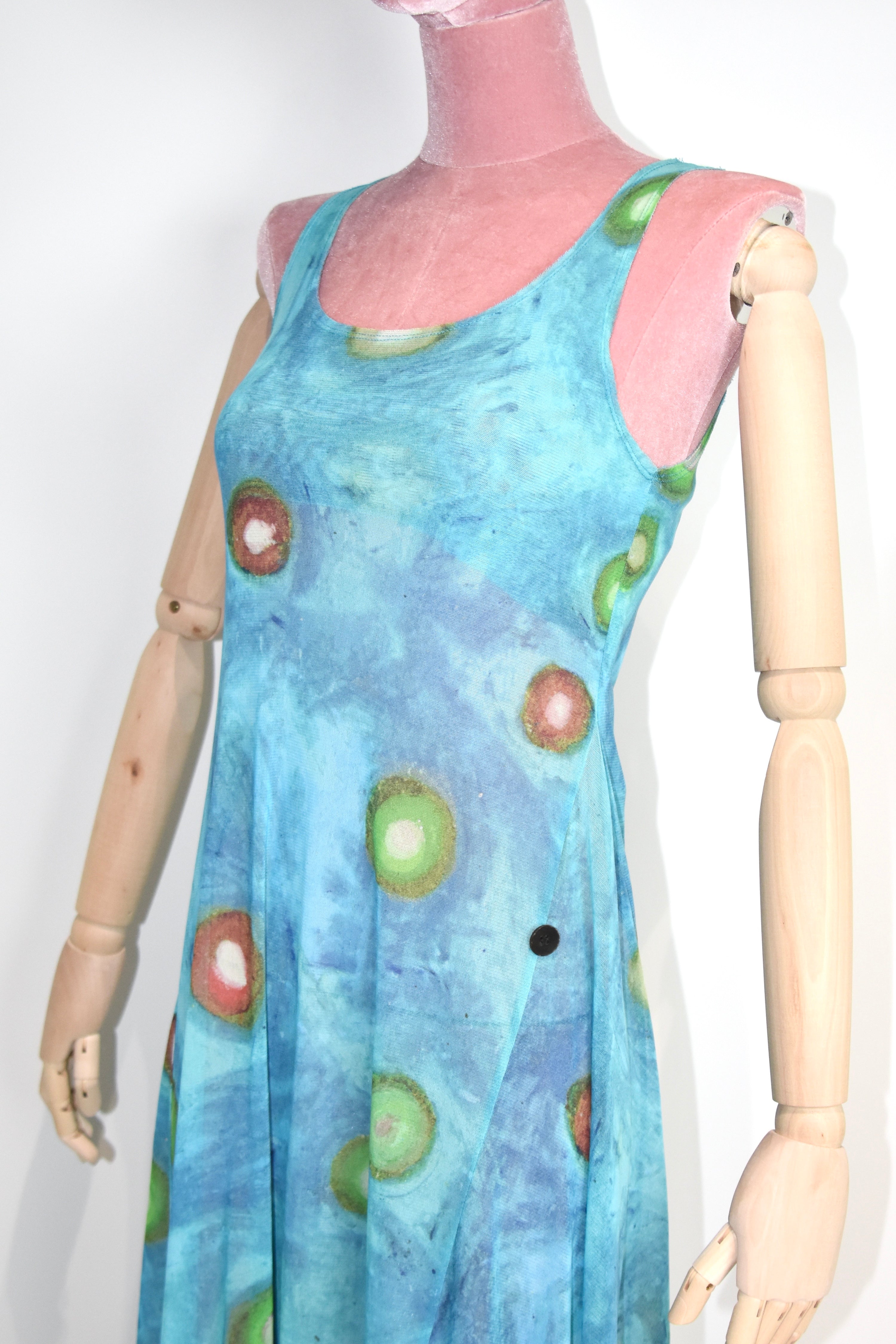 ISSEY MIYAKE Vintage Stretch Mesh Printed Tank Maxi Dress – Water Abstract Motif (Fits Women S–M)