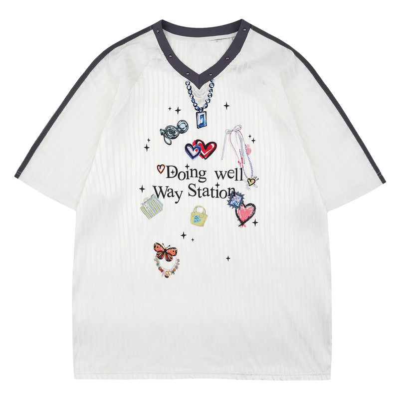 Sweet Sports Jersey V Collar pink short sleeves Unisex T-shirt 2025 Summer Fashion Trend