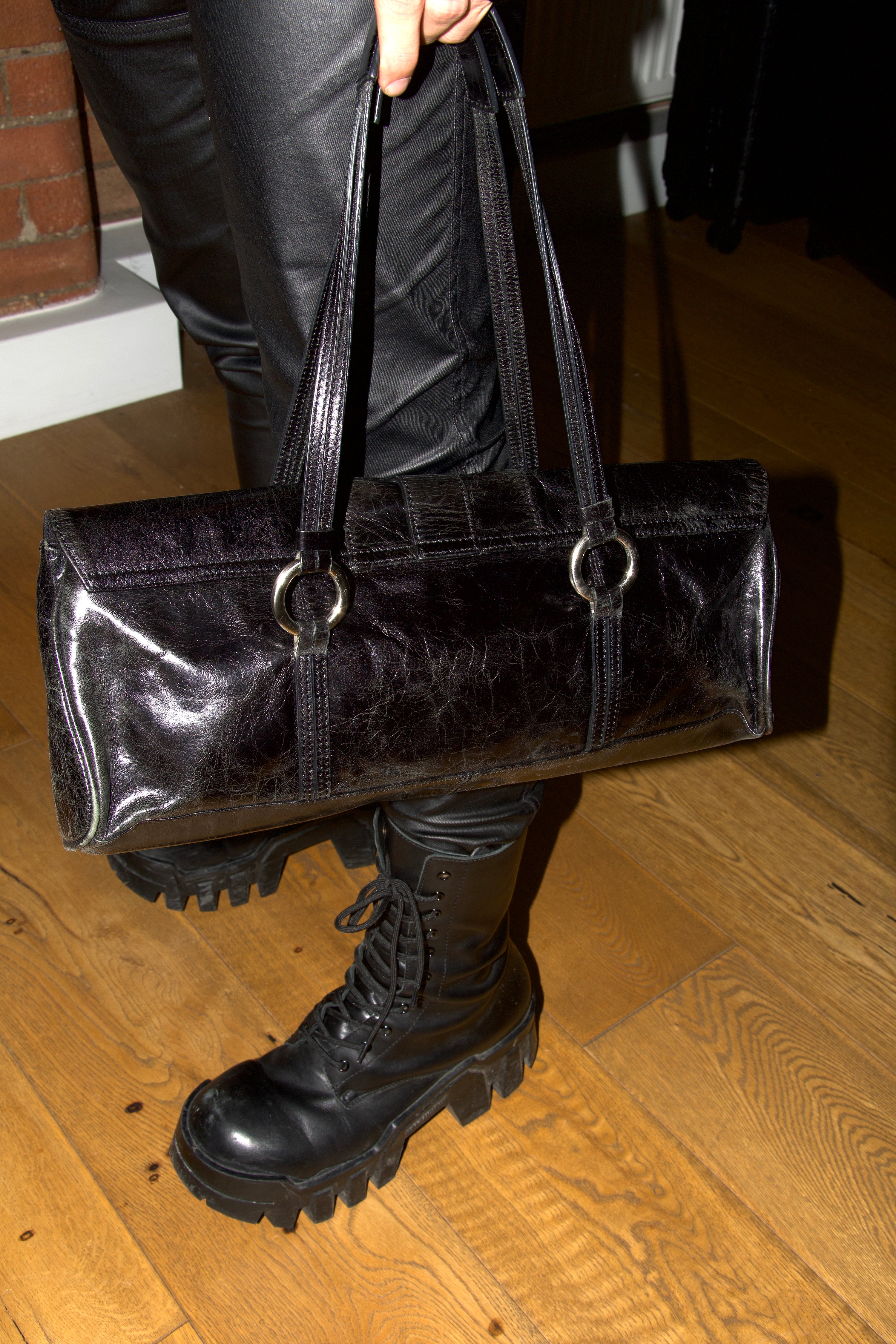 Kenneth Cole Classic Vintage Black Leather Long Shoulder Handbag