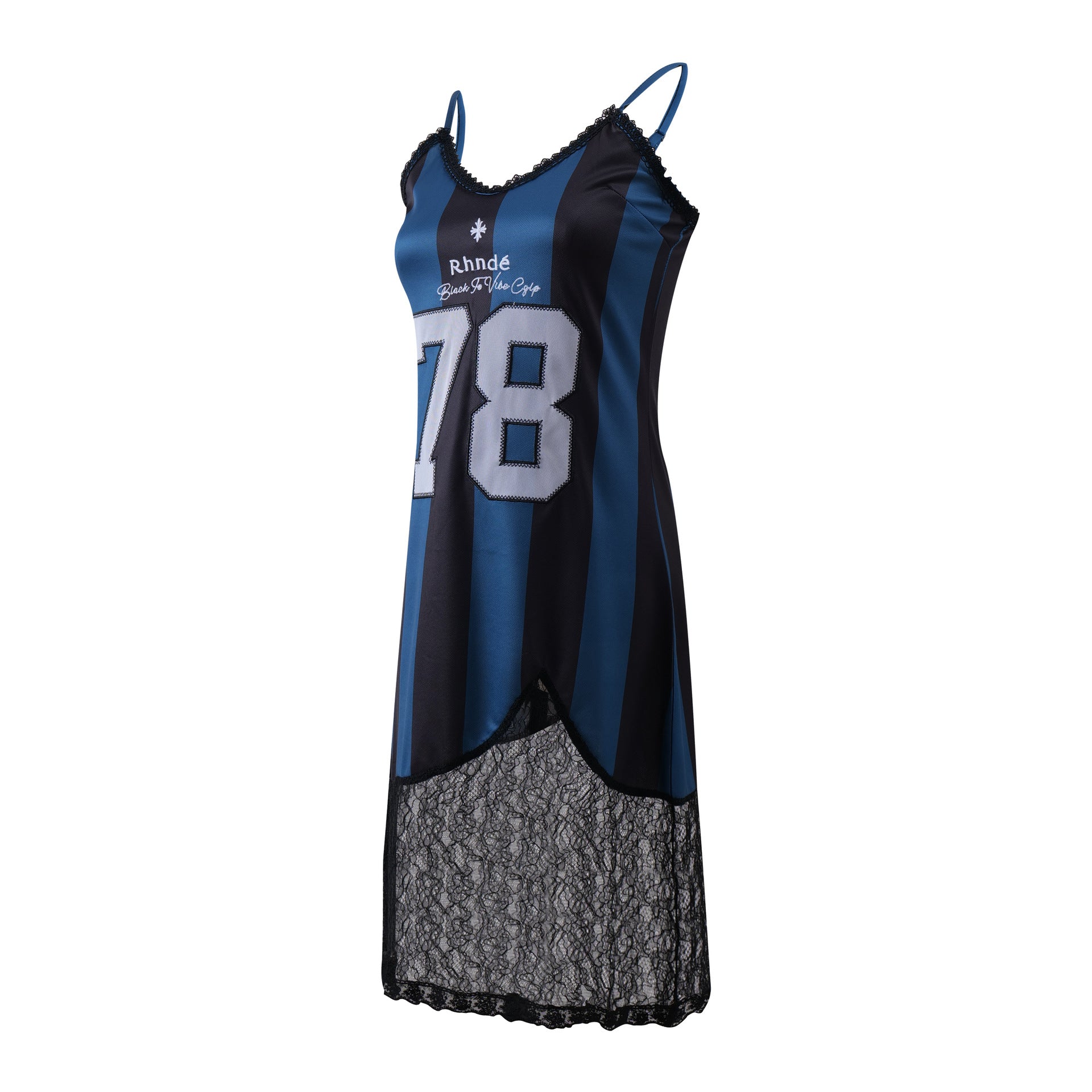 No.78 Blue Striped Lace Edge Jersey Football Style Strap Dress