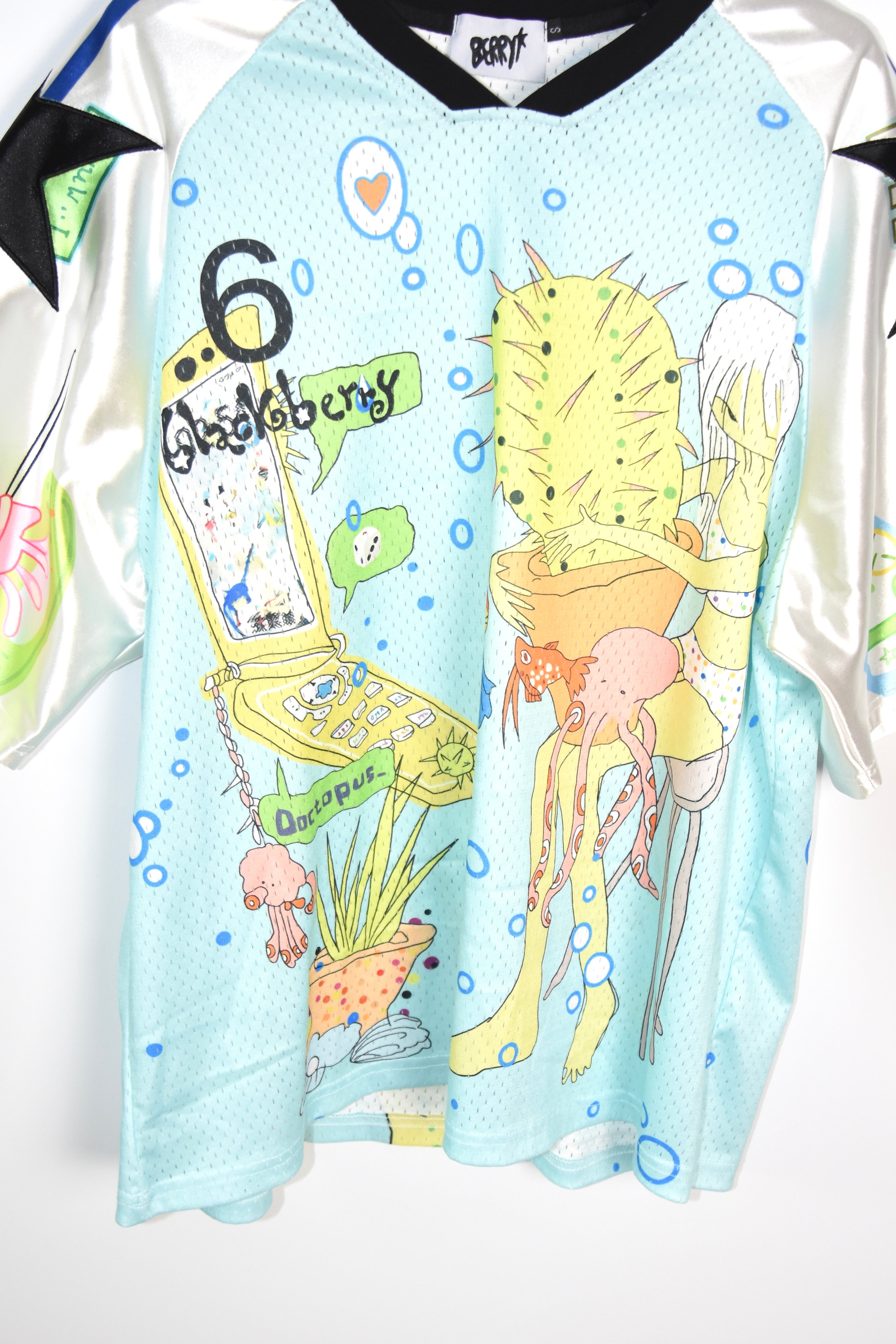 Black Berry “Octopus 6” Digital Fantasy Mesh Jersey Top – Y2K Futuristic Anime Print