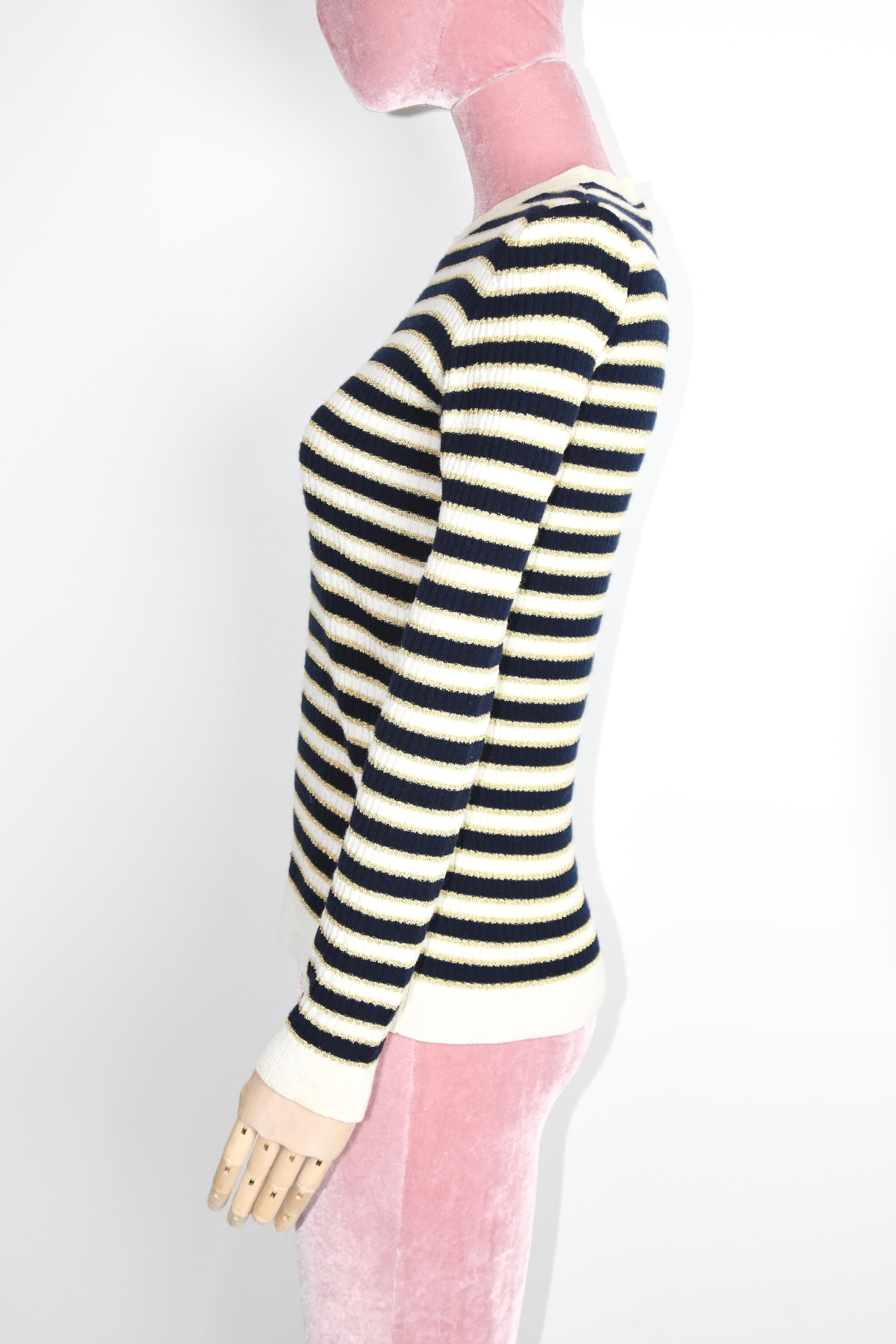 Valentino Navy & Ivory Striped Knit Sweater with Gold Lurex – Made in Italy Signature V Logo