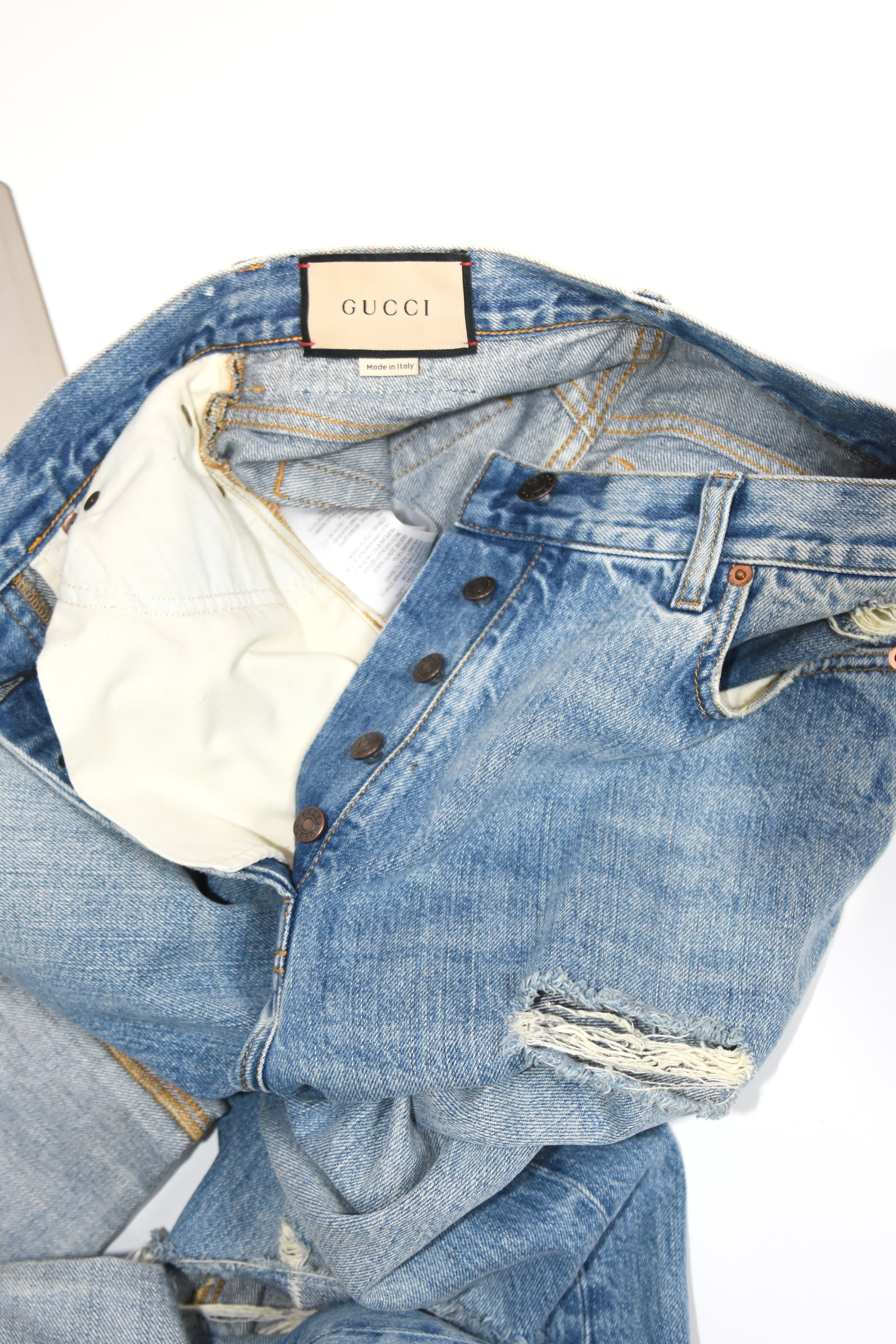 Gucci Distressed Flared Denim Jeans – Light Wash High Waist Destroyed Bootcut Pants