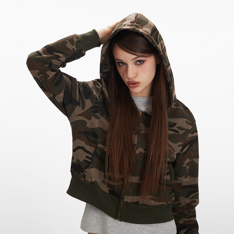 Camouflage short hot girl hooded sweatshirt for women2025Spring and Autumn Zipper Retro Cardigan Jacket