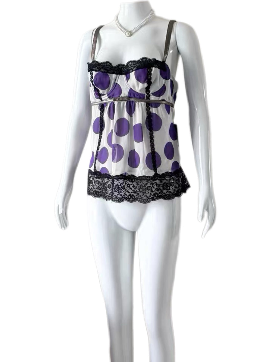 DOLCE & GABBANA Vintage Purple Polka-Dot Silk Lace Camisole Top