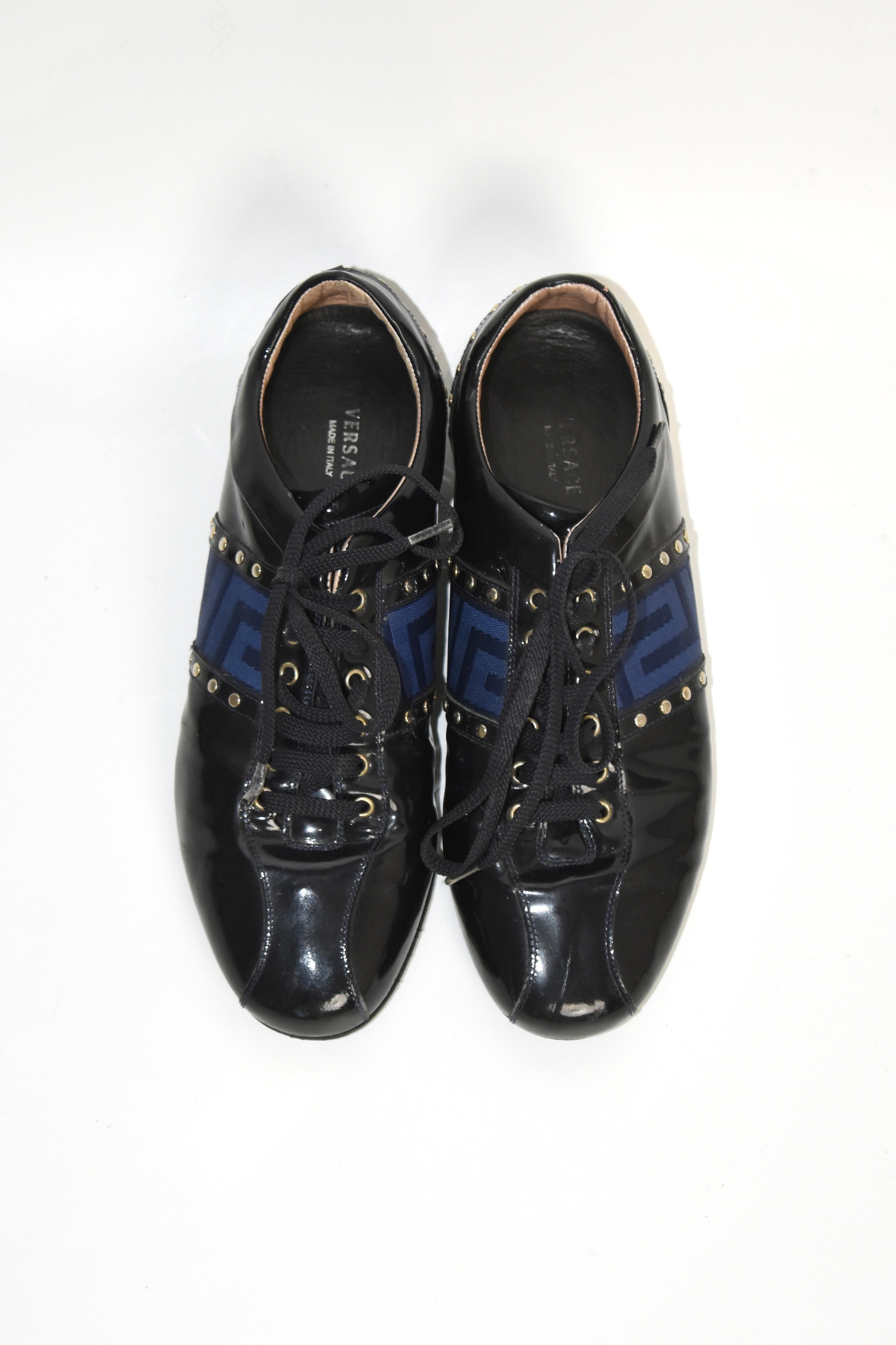Versace Patent Leather Studded Lace-Up Sneakers – Size 37 (Made in Italy / Blue Greek Key / Archive)