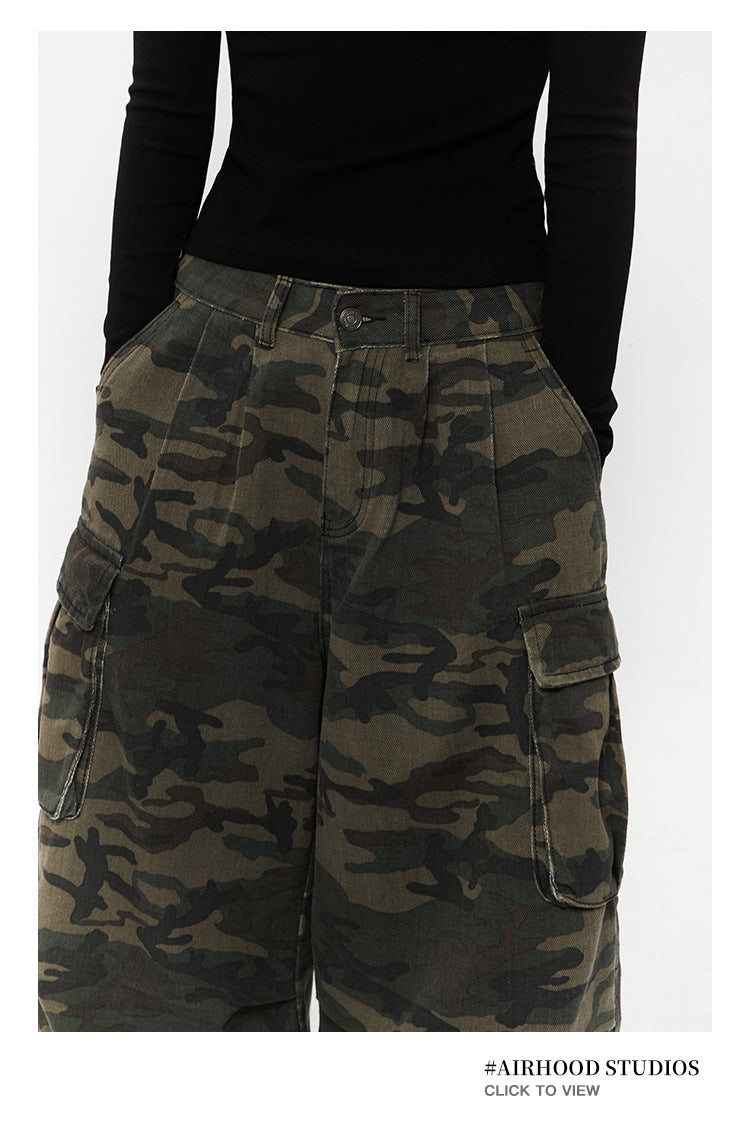 Retro Loose Camouflage Capri Pants American Style Casual Jeans for Men and Women High Street
