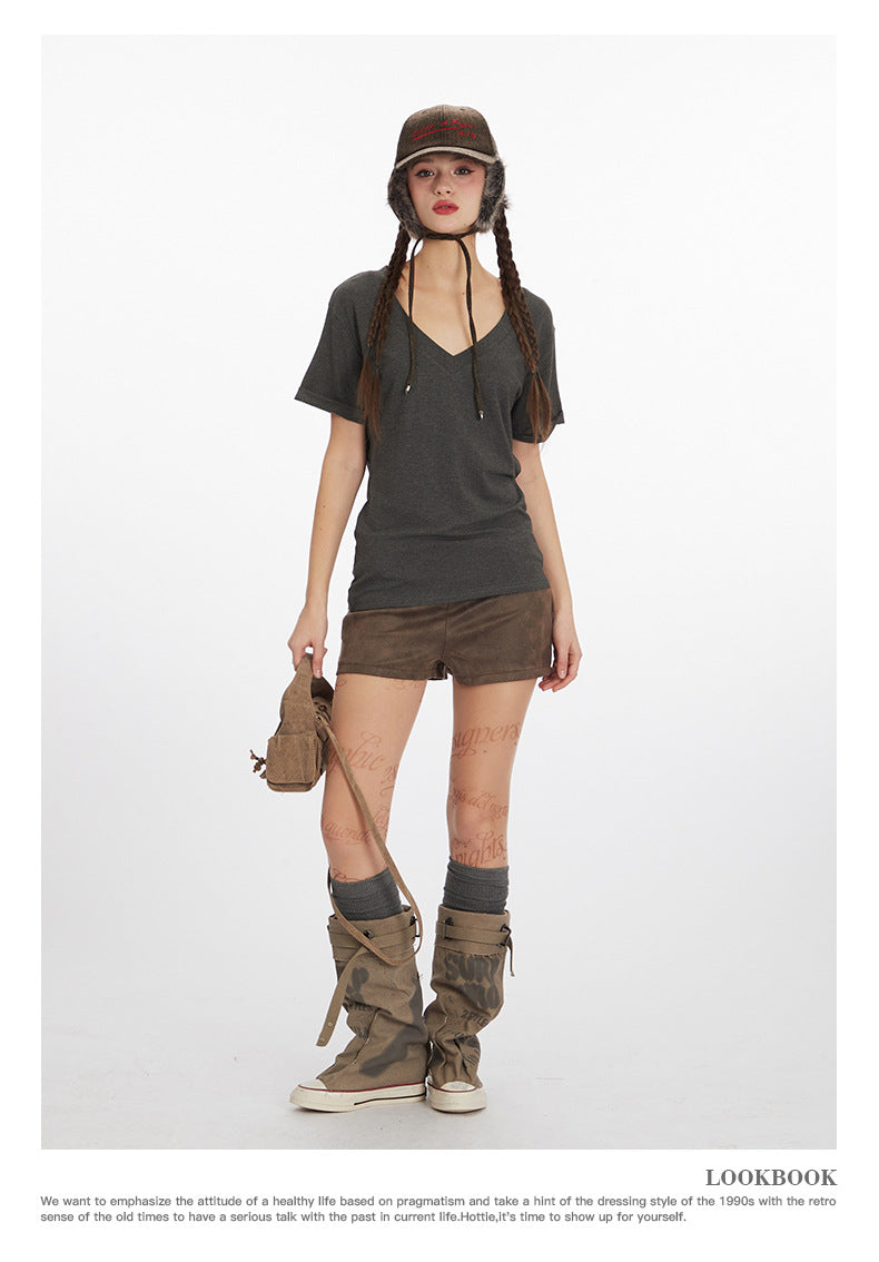 Simple Hot Girl Slimming Solid Color Top Slim Fit V Versatile Basic Short Sleeve Shirt T Women's T-shirt